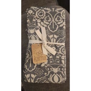 Karma Grey and cream linen floral napkins , One Set Of 4